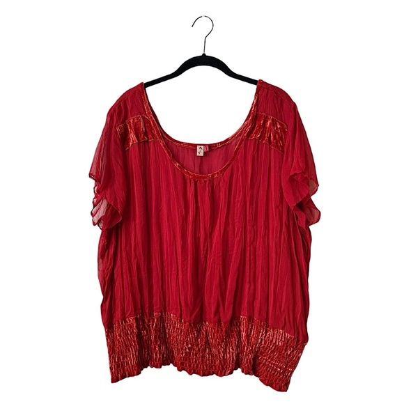 Seven7 Top Women's Size 18/20 Red Chiffon Velvet Trim Smocked Short Sleeve Boho - Picture 2 of 5